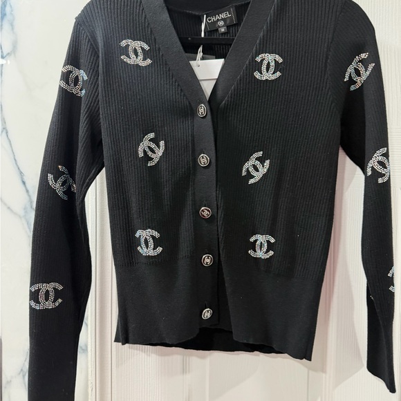 CHANEL Sweaters - CHANEL Black Cardigan with Logo Embellishments